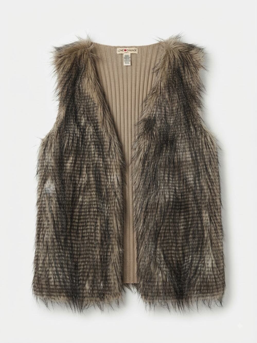 Love Change Italy Womens Size M Brown Faux Fur Vest Open Front Knit Cardigan